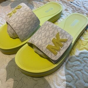 Michael Kors White Patterned Slide Sandals with Neon Yellow Footbed